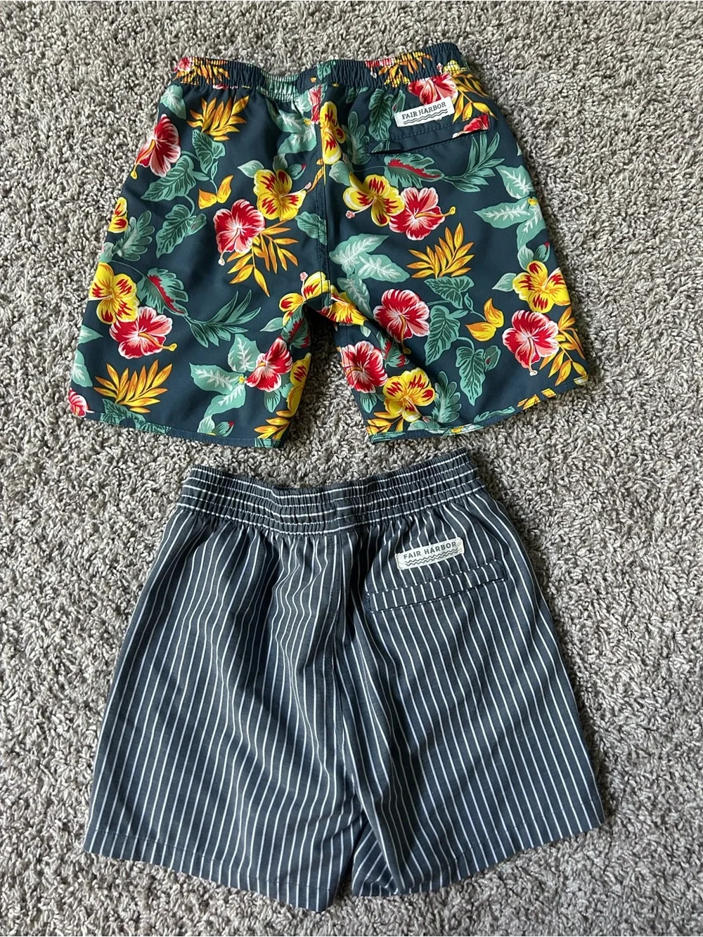 Fair Harbor Kids Swim Trunks - Floral Green with Yellow & Red, Navy Pinstripe